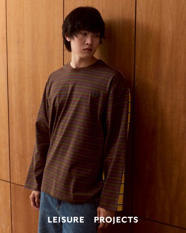 BROWN Multi-stripes patchwork long sleeves t-shirt